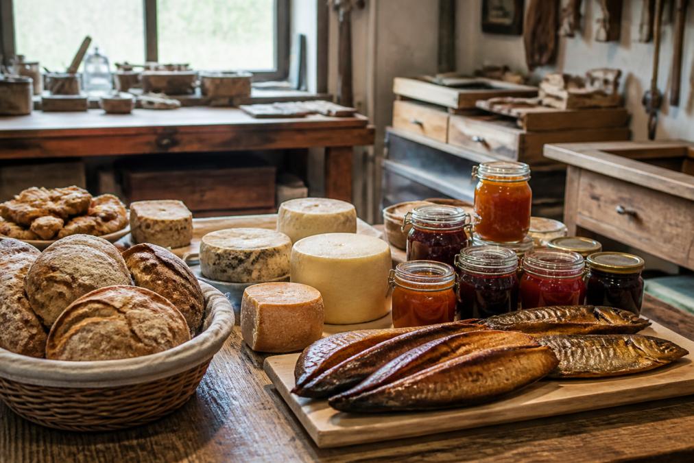 A rustic wooden table displaying locally made artisan foods including smoked fish, handcrafted cheeses, homemade preserves in glass jars, and fresh baked goods, with a maker's studio visible in soft natural light