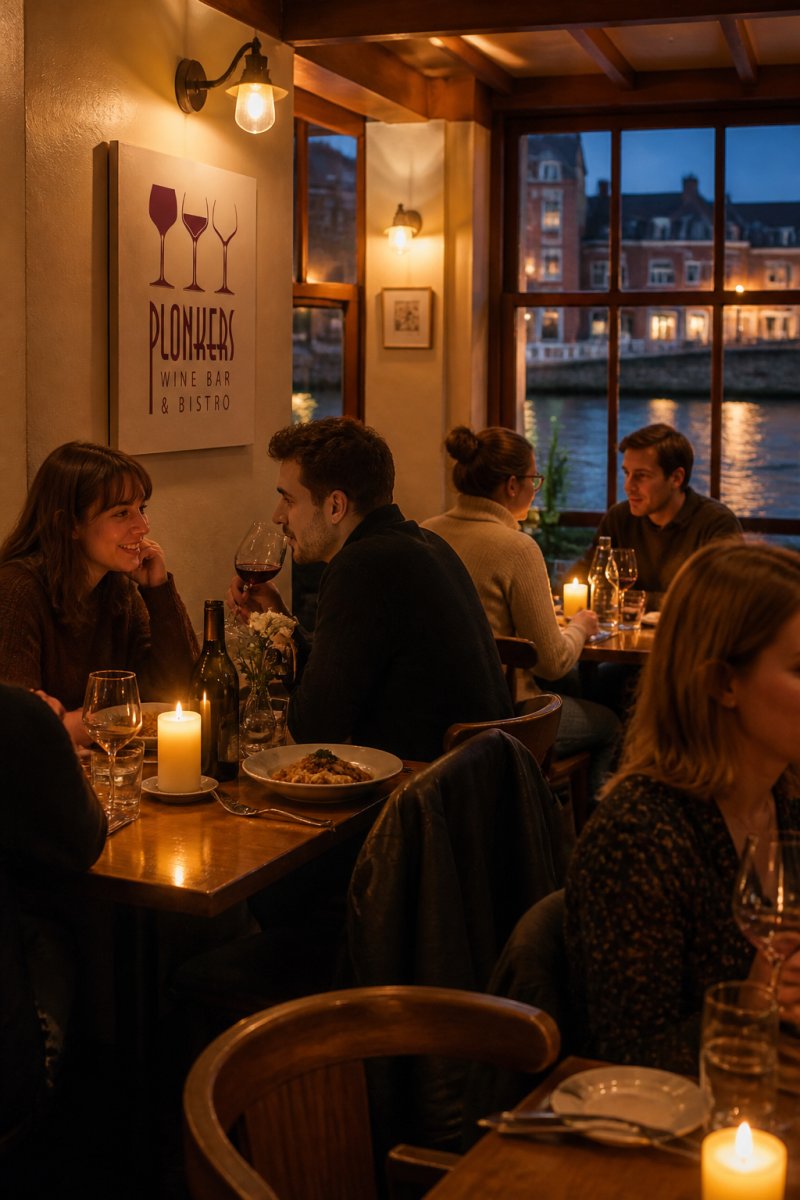 Candlelit tables at a riverside bistro offering authentic bistro dining York with warm wooden decor and water views.
