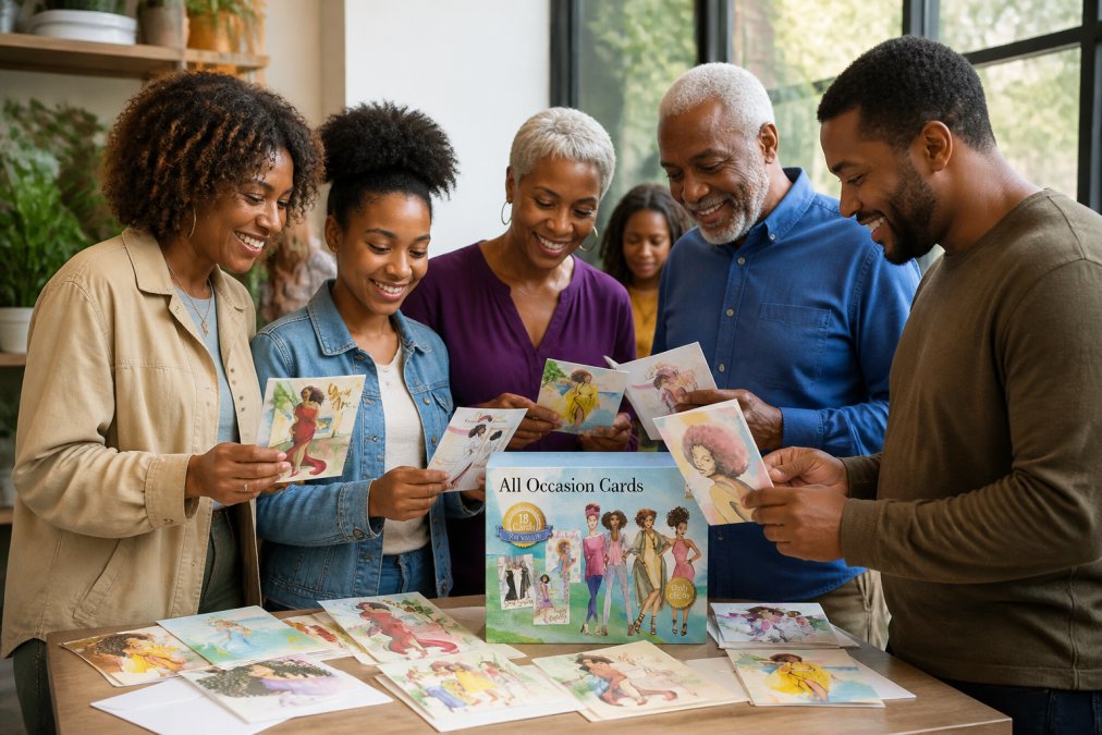 Diverse group of people of various ages and backgrounds selecting and admiring colorful stationery cards from a display table, showing genuine appreciation and smiling as they examine the vibrant African-inspired artwork and illustrations, with natural daylight streaming through windows