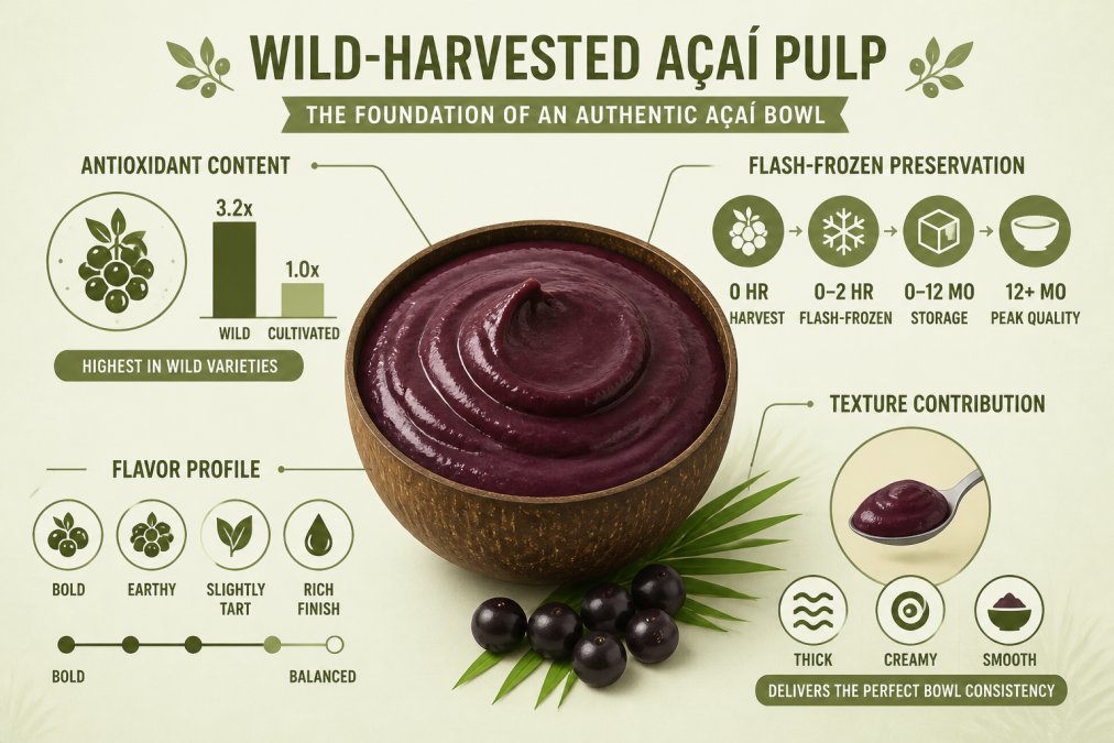 Diagram showing the composition of authentic wild-harvested açaí pulp with key components labeled: antioxidant content (highest in wild varieties), flash-frozen preservation timeline, flavor profile characteristics, and texture contribution to final bowl consistency