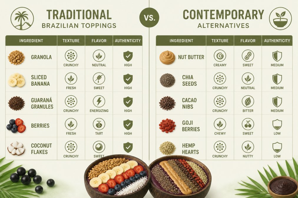 Comparison matrix showing traditional Brazilian toppings versus contemporary alternatives with columns for ingredient name, texture contribution (crunchy/creamy/fresh), flavor profile (sweet/tart/neutral), and authenticity level (high/medium/low): granola (crunchy, neutral, high), sliced banana (fresh, sweet, high), guaraná granules (crunchy, energizing, high), berries (fresh, tart, high), coconut flakes (crunchy, sweet, medium), honey drizzle (sweet, neutral, medium), chia seeds (crunchy, neutral, low)
