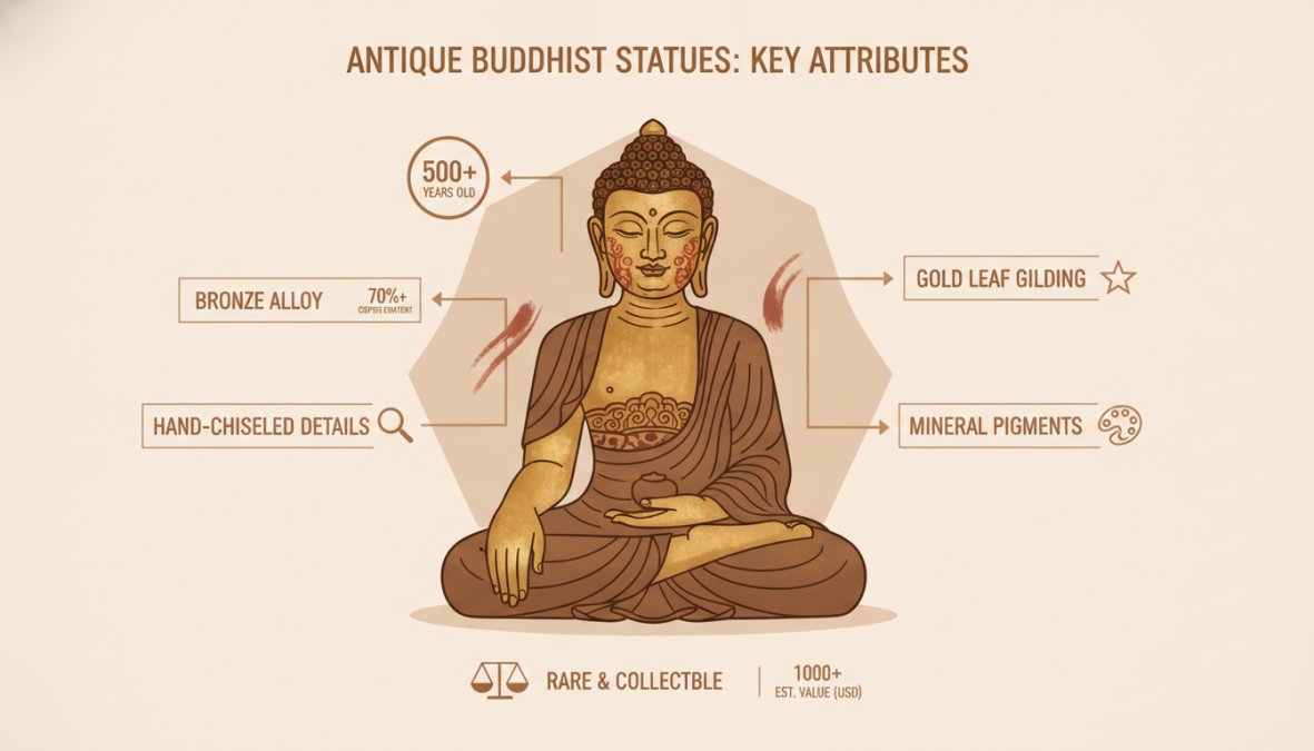 Close-up of an intricately carved bronze Buddha statue showing detailed gilded features, hand-painted elements, and traditional craftsmanship on weathered patina