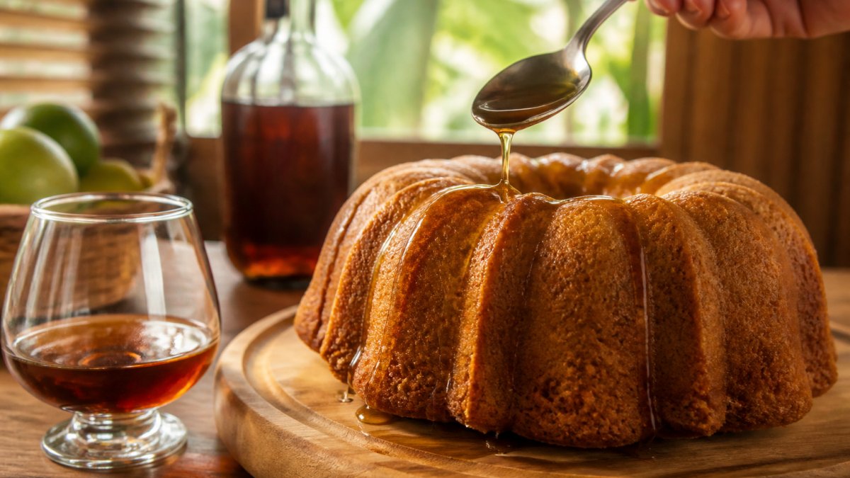 Drizzling rum syrup over a golden Caribbean rum cake on a rustic wooden board with a glass of dark rum nearby.