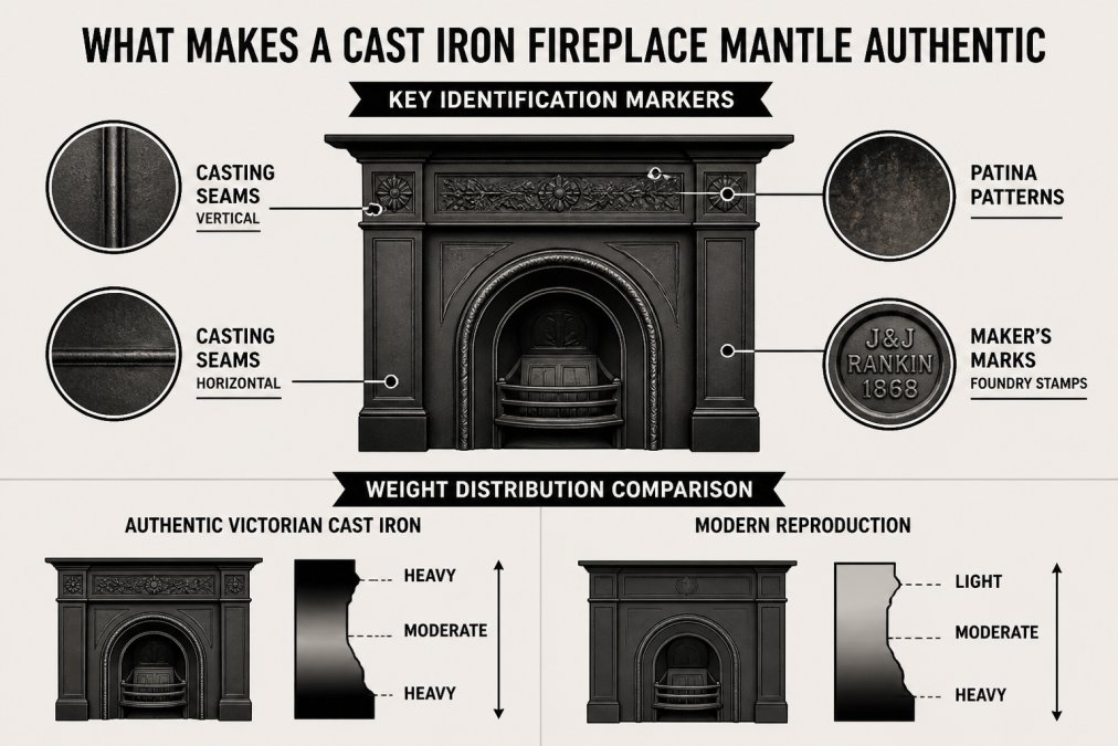 Infographic identifying authentic cast iron fireplace mantle markers like casting seams, patina, and foundry stamps.