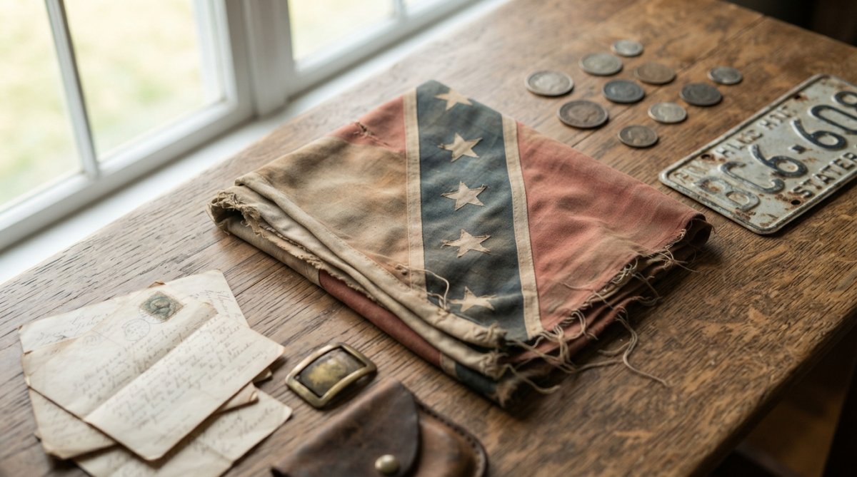 A close-up photograph of a collection of vintage Southern heritage items laid out on a wooden table, including an aged Confederate battle flag, old coins, a weathered license plate, and yellowed documents, with soft natural light from a nearby window
