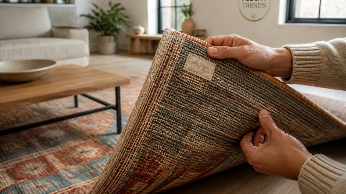Close-up of hands examining the underside of a handwoven wool rug, showing loom marks and a maker's label, in a bright living room with natural light