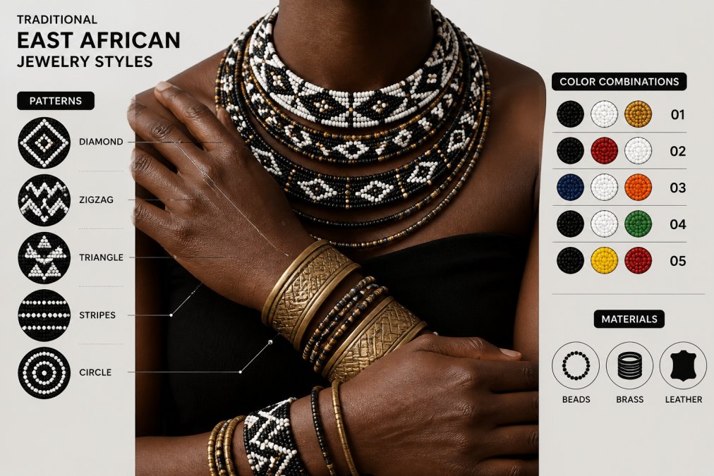 Close-up of hands wearing layered beaded necklaces and brass bracelets, showing intricate geometric beadwork patterns and traditional color combinations in warm natural lighting