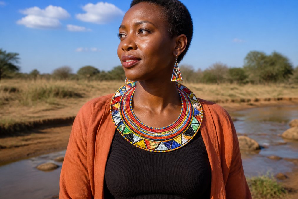 Person wearing a statement beaded necklace and matching earrings styled with modern clothing, photographed outdoors in natural daylight