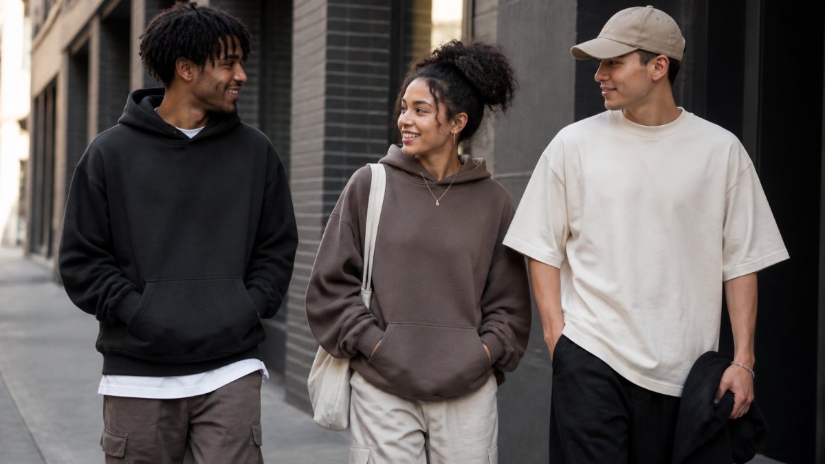 Three young adults wearing oversized Christian streetwear hoodies and graphic tees, standing on an urban sidewalk, candid street style shot with natural daylight