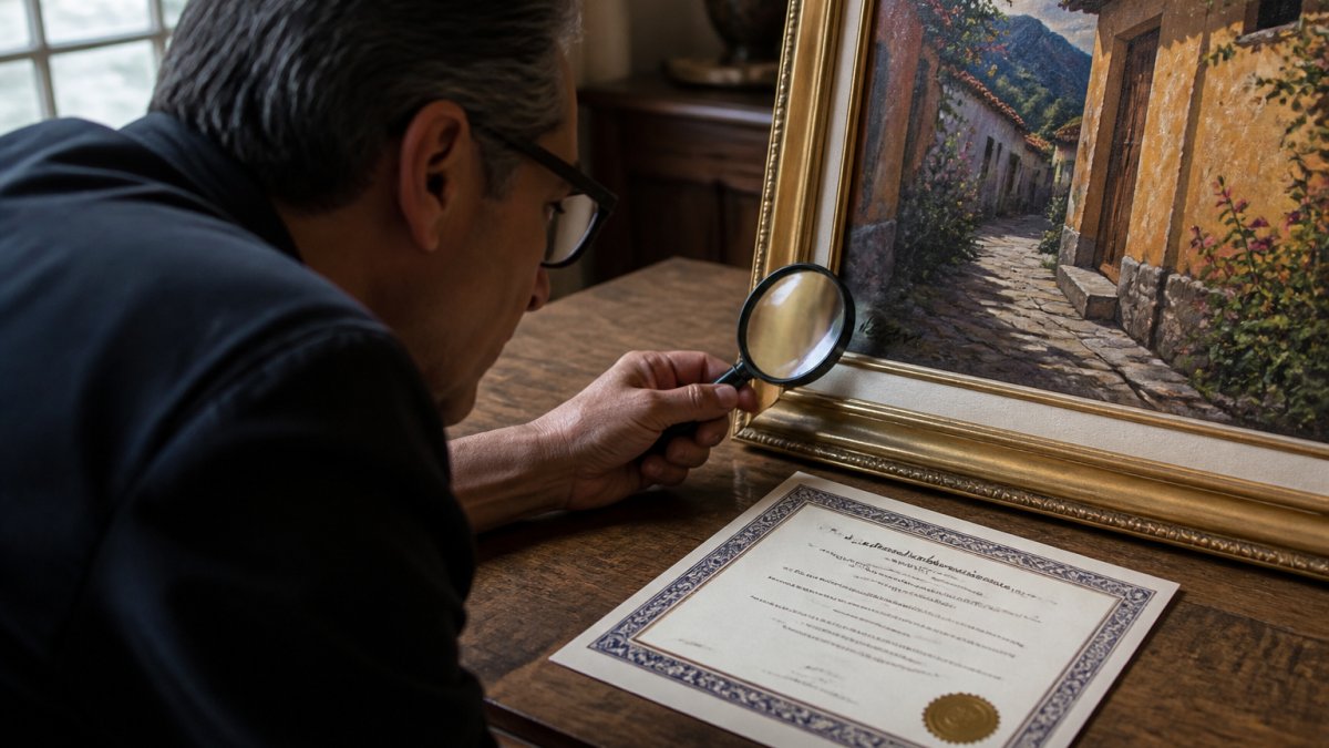 Step-by-step process for verifying authentic fine art vs digital prints using a magnifying glass and certificate.