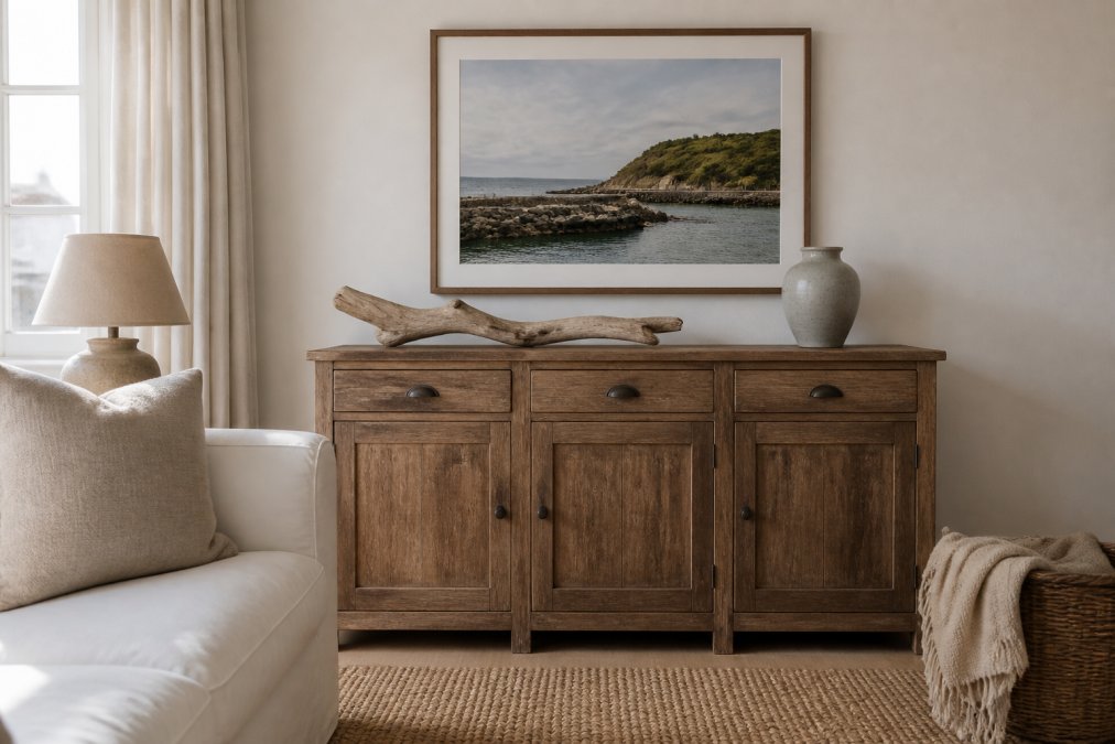 A bright living room corner styled with a framed coastal landscape print above a wooden sideboard, featuring natural textures like a sisal rug, a linen cushion, and a piece of weathered driftwood