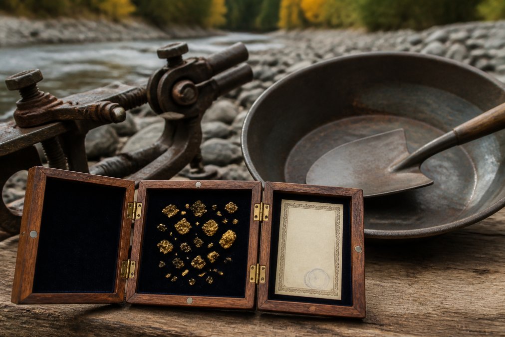 Close-up of raw placer gold flakes displayed in a handcrafted tri-fold display case with Certificate of Authenticity visible beside historical mining equipment