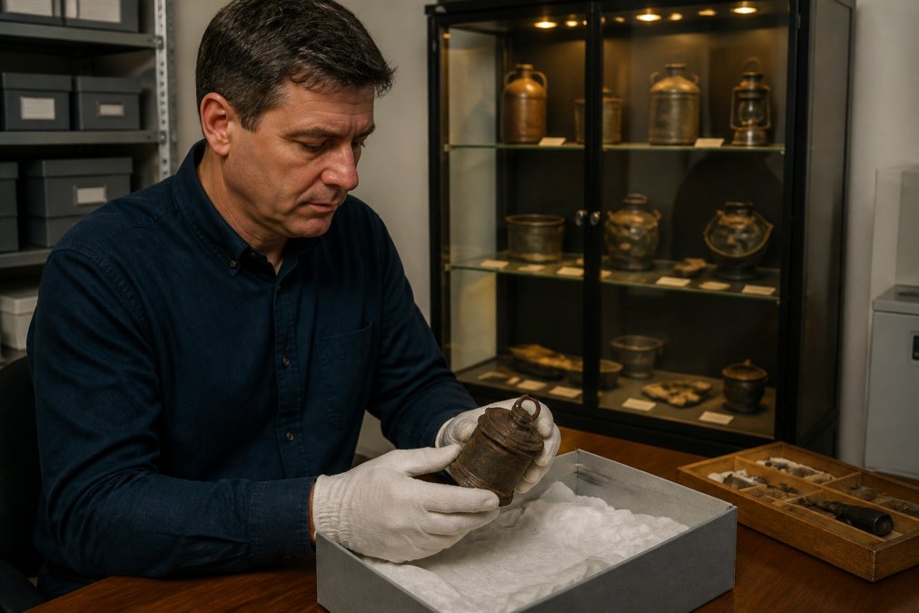 Collector carefully handling gold rush memorabilia with protective gloves near a climate-controlled display cabinet with proper lighting and humidity monitoring