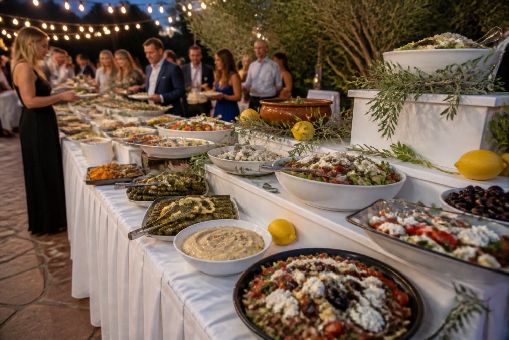 Full catering buffet setup at an outdoor evening event with tiered serving tables displaying colorful Greek dishes, fresh herbs and lemon garnishes visible, guests in the background selecting food under warm string lighting