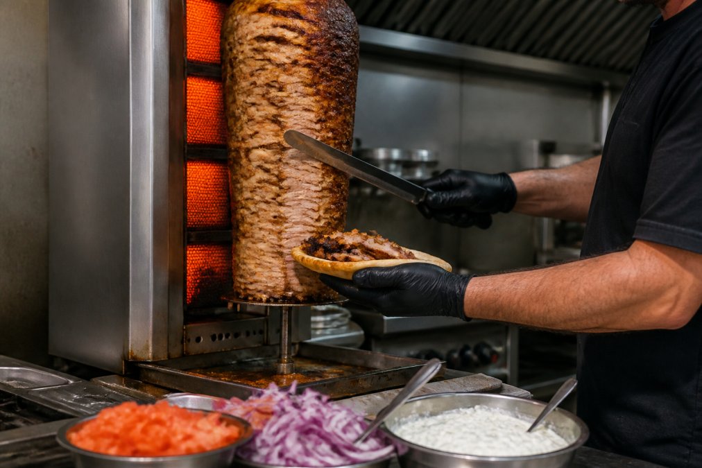 A vertical rotisserie of stacked seasoned meat turning in a warm-lit Greek kitchen, with a cook slicing thin strips onto a warm pita and bowls of tomato, onion, and tzatziki nearby