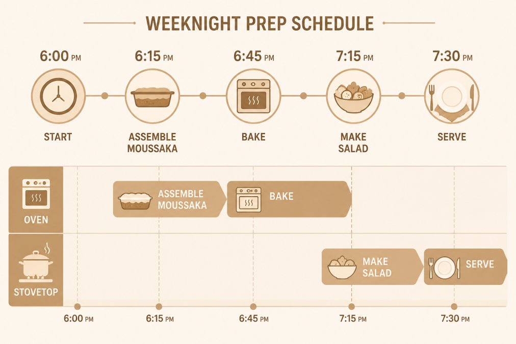 Timeline showing a weeknight prep schedule: 6:00 PM start, 6:15 PM assemble moussaka, 6:45 PM bake, 7:15 PM make salad, 7:30 PM serve, with parallel tracks for oven and stovetop tasks
