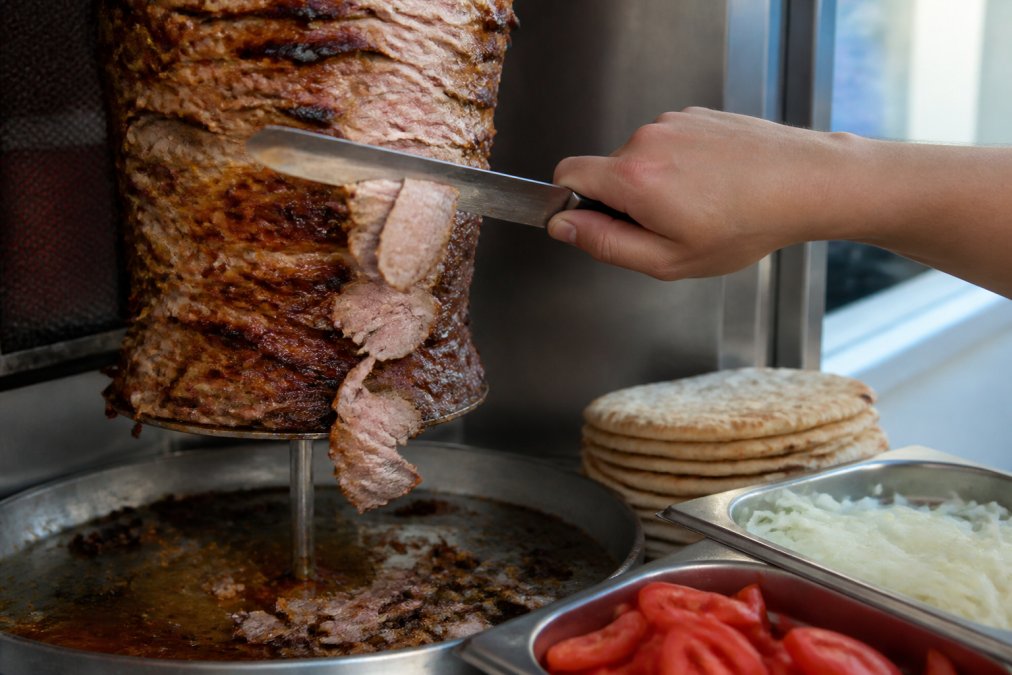 Close-up of fresh gyro meat being hand-sliced from a vertical rotisserie spit, showing charred golden-brown outer layers and pink tender interior, with traditional pita bread and fresh tomatoes and onions arranged beside the spit