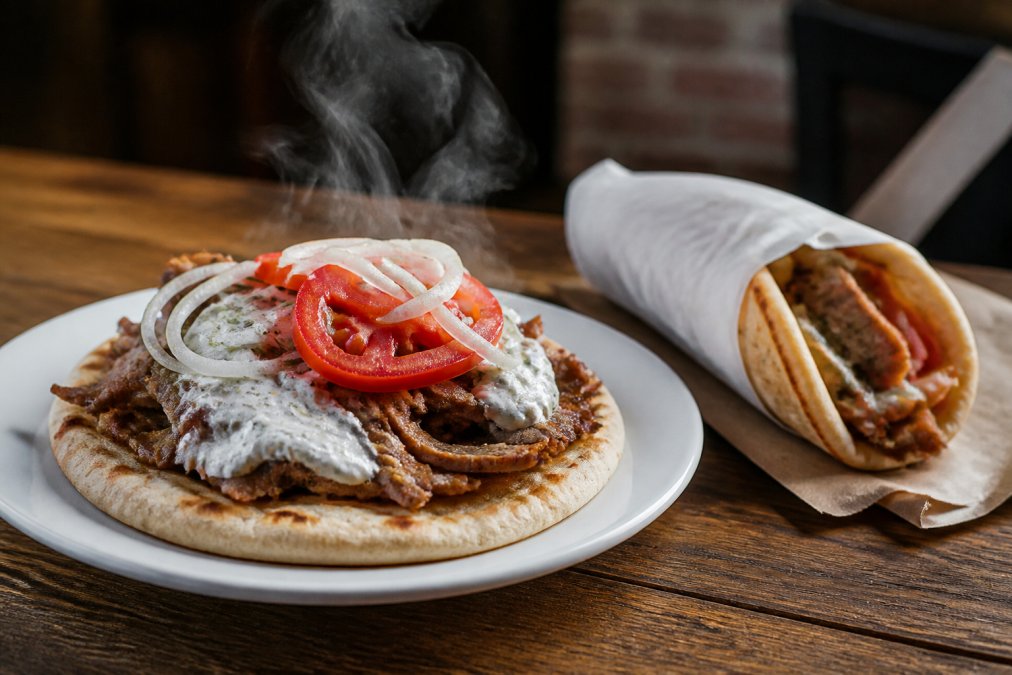 A freshly prepared authentic gyro on a white plate with creamy tzatziki sauce, bright red tomato slices, crisp onions, and warm pita bread showing steam, contrasted beside a wrapped fast-food gyro in paper