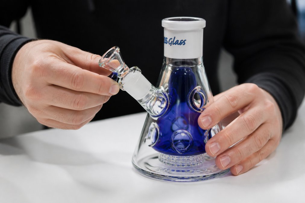 Hands carefully assembling modular Hoss Glass components on clean white work surface, showing precise connection of grid percolator base with 19mm joint alignment and beaker connection, demonstrating craftsmanship and precision engineering