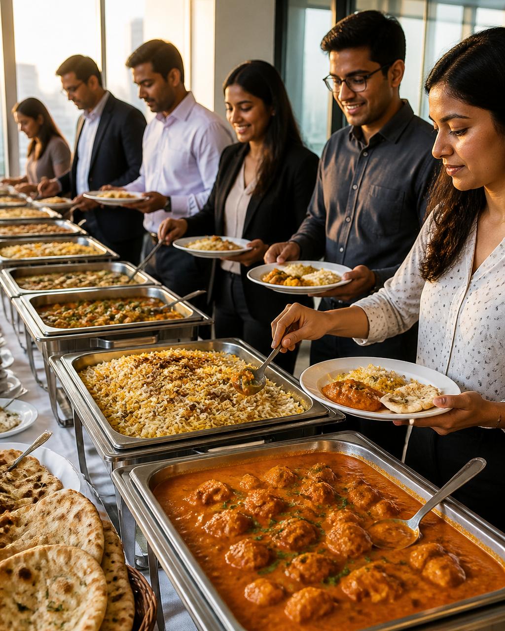 A buffet table set up in a bright office conference room with chafing dishes of butter chicken, biryani, naan, and vegetarian curries, with professionals serving themselves