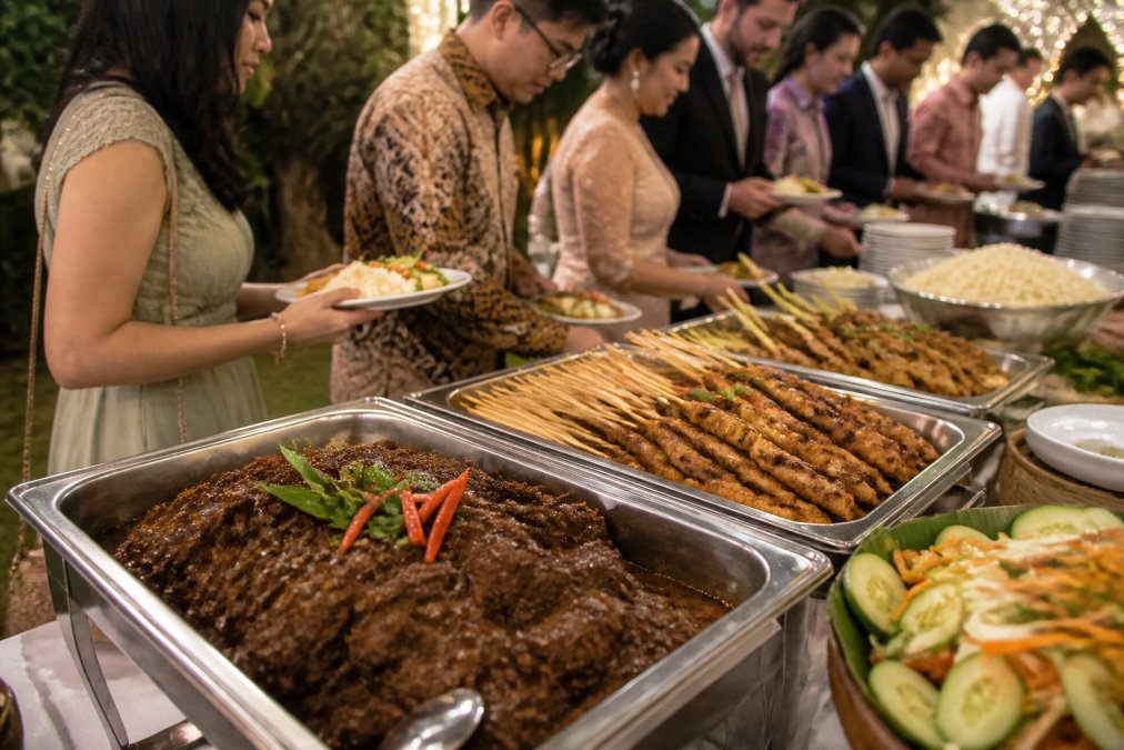 Infographic layout of Indonesian catering menu options featuring traditional beef rendang and chicken satay.