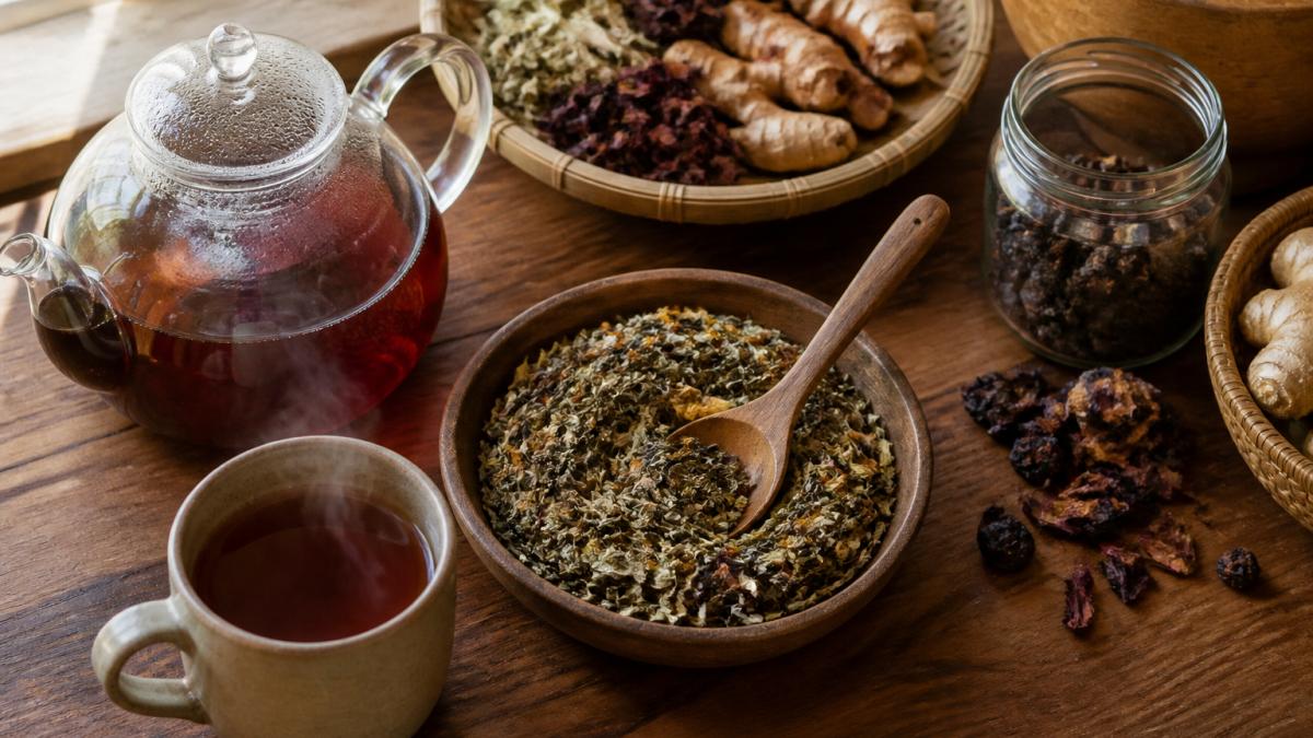 Overhead shot of a rustic wooden kitchen counter with a glass teapot of dark amber herbal tea, a small bowl of dried loose leaf herbs, a wooden spoon, and a steaming ceramic cup, warm natural window light