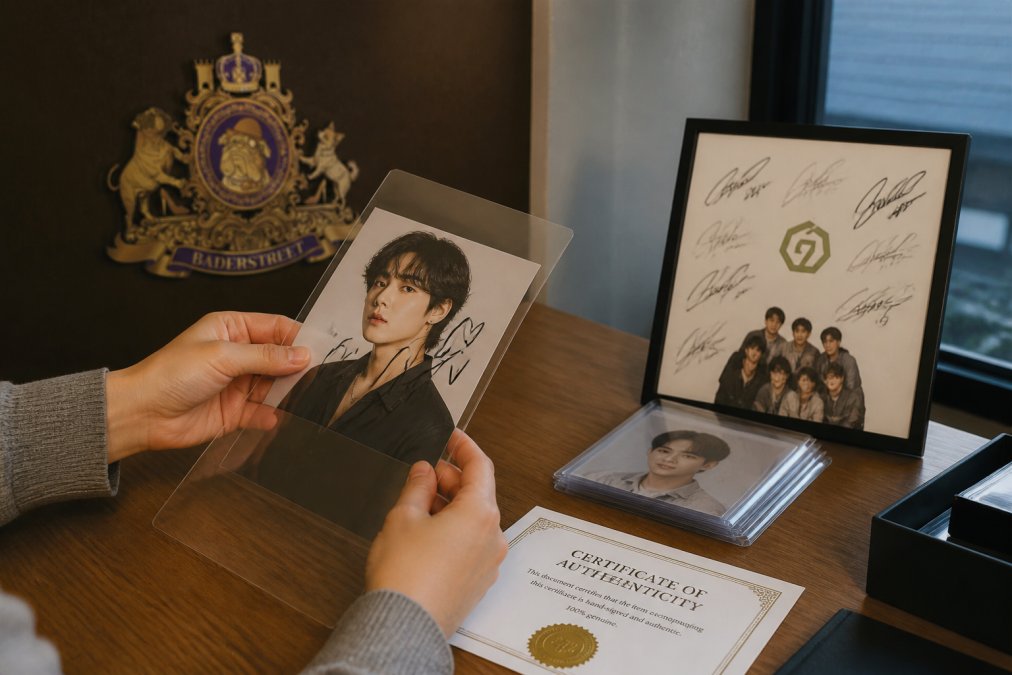 A collector's hands carefully placing a hand-signed BTS photo into a protective sleeve on a wooden desk, with a Certificate of Authenticity document and a framed GOT7 Shikishi art board visible beside it