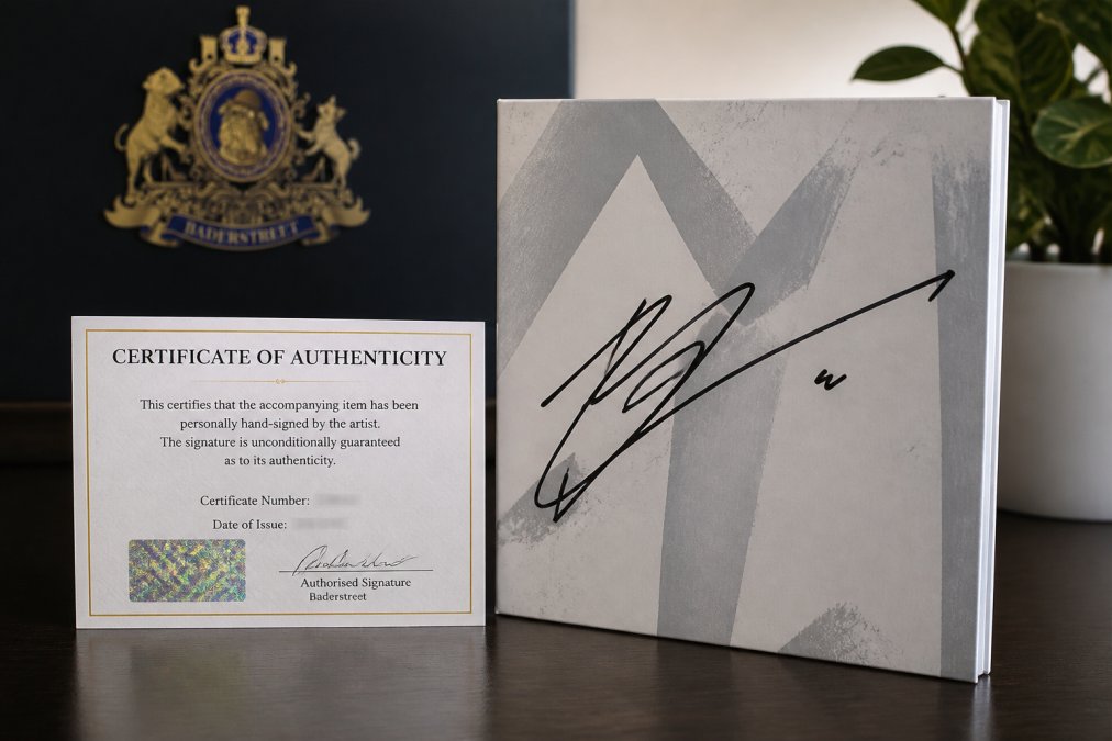 Close-up of a hand-signed K-pop album cover displaying an authentic signature with a physical Certificate of Authenticity card positioned beside it, showing detailed authentication documentation and holographic security features