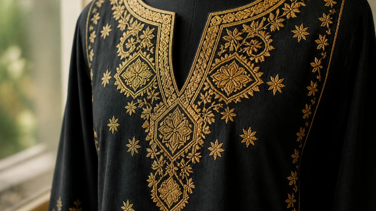 Close-up of a black traditional Afghan Parahan Tumban with intricate gold hand khamak embroidery on the chest, showing geometric and floral motifs against the dark fabric, soft natural window light