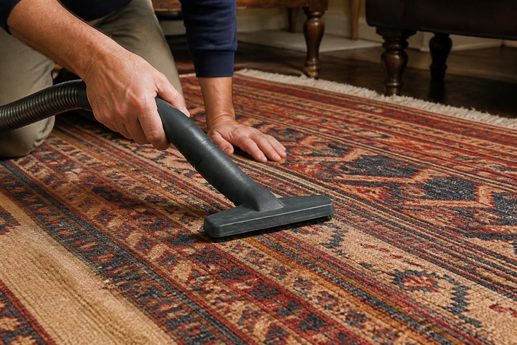 Hands gently vacuuming a vintage kilim rug using an upholstery attachment with careful technique, showing proper care being taken with natural fibers in warm interior lighting