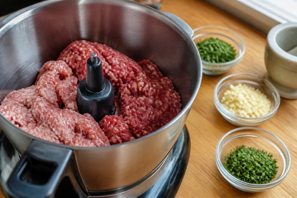 Close-up of ground lamb and beef being combined and mixed in a stainless steel food processor bowl, with fresh oregano, marjoram, and minced garlic visible in separate small bowls nearby, natural kitchen lighting
