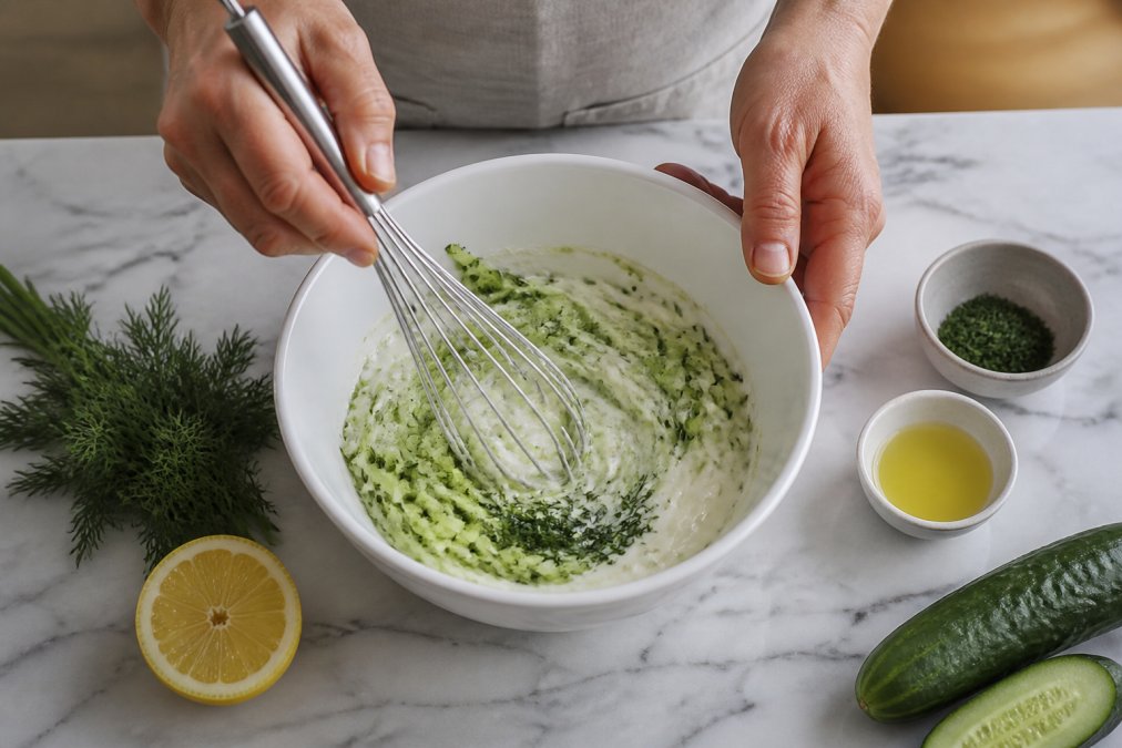 Hands whisking fresh Greek yogurt with grated cucumber, minced fresh dill, and lemon juice in a white ceramic bowl, with fresh herbs and a lemon half arranged nearby on a marble countertop