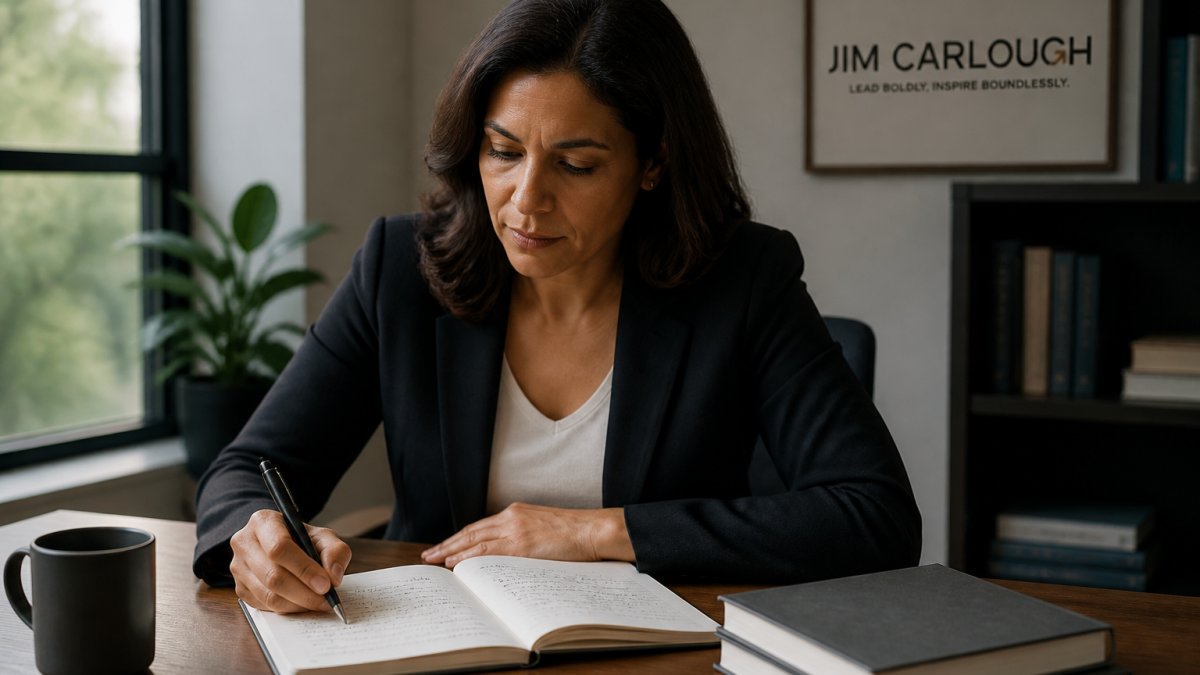 A woman leader in a quiet office reviewing a notebook of handwritten values and strengths, pen in hand, natural window light