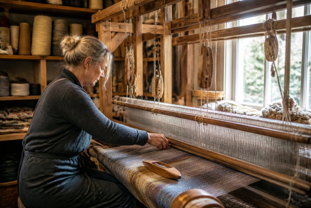 Skilled craftsperson's hands working at a traditional loom with natural light streaming through workshop windows, spools of wool and woven textiles visible on wooden shelves