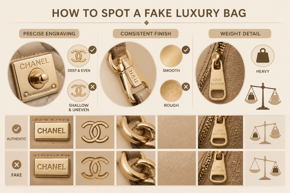 Close-up of luxury handbag hardware showing precise engraving, consistent finish, and weight detail with natural lighting on premium leather surface