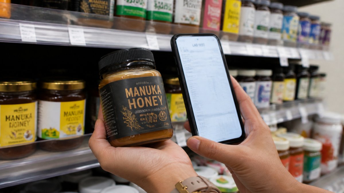 Hands holding a jar of honey near a smartphone displaying a lab verification page for authenticity check