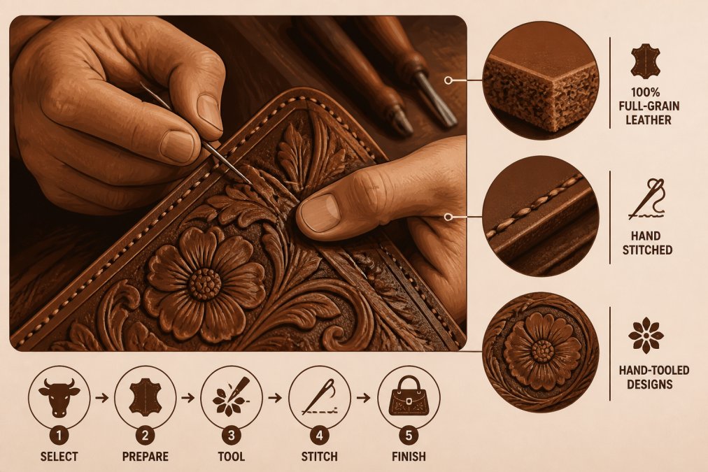 Close-up of artisan hands working on hand-stitched leather detail, showing needle, thread, and intricate floral carving work on genuine full-grain leather under warm workshop lighting