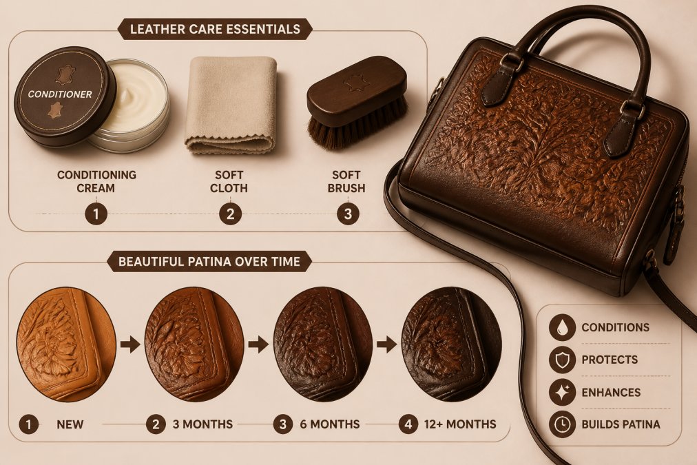 Flat-lay of leather care essentials including conditioning cream, soft cloth, and a beautiful leather bag showing rich patina development and natural color deepening over time
