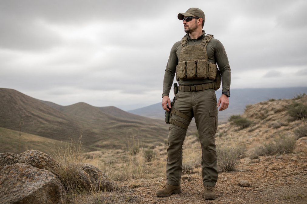 Person wearing complete tactical apparel system including ripstop pants, performance base layer, tactical vest with modular pouches, and tactical footwear, standing in outdoor field setting demonstrating proper gear assembly and weight distribution