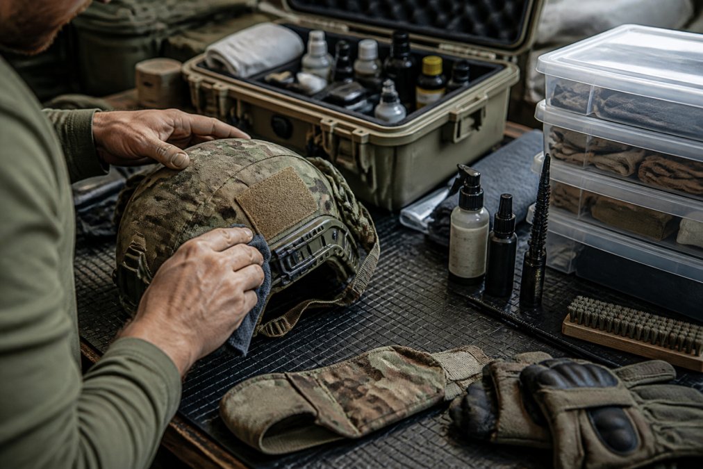 Close-up of hands carefully cleaning tactical gear with specialized cleaning solution, inspecting seams and stress points with attention to detail, organized maintenance supplies and storage containers visible on work surface