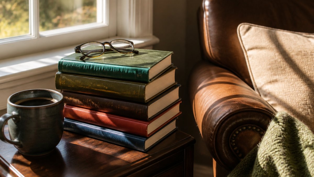 Infographic showing a cozy reading nook with a stack of military memoirs, coffee, and glasses for veterans.