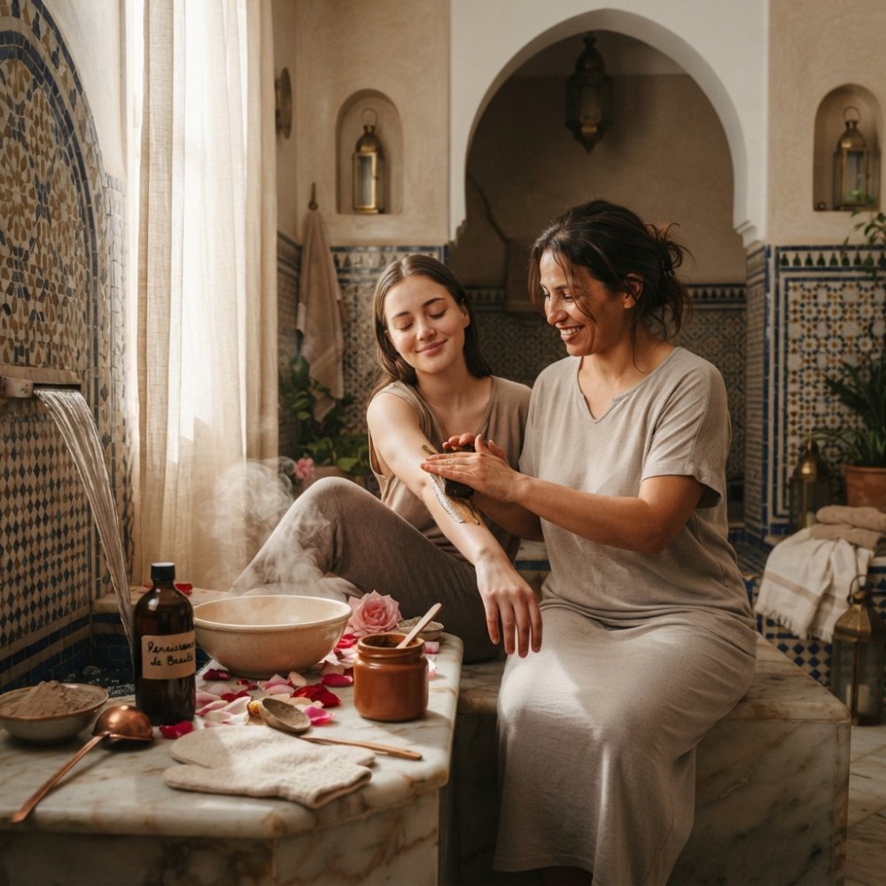 Argan oil and black soap set up for a Moroccan beauty products ritual with rose petals and steam on marble.