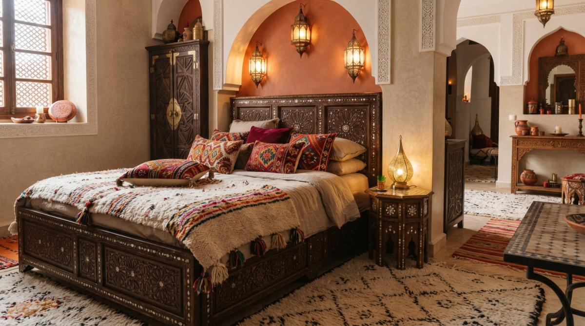 Ornate handcrafted Moroccan bedroom with carved wooden bed frame featuring intricate mother-of-pearl inlay, layered jewel-toned textiles, brass lanterns, and warm candlelit ambiance