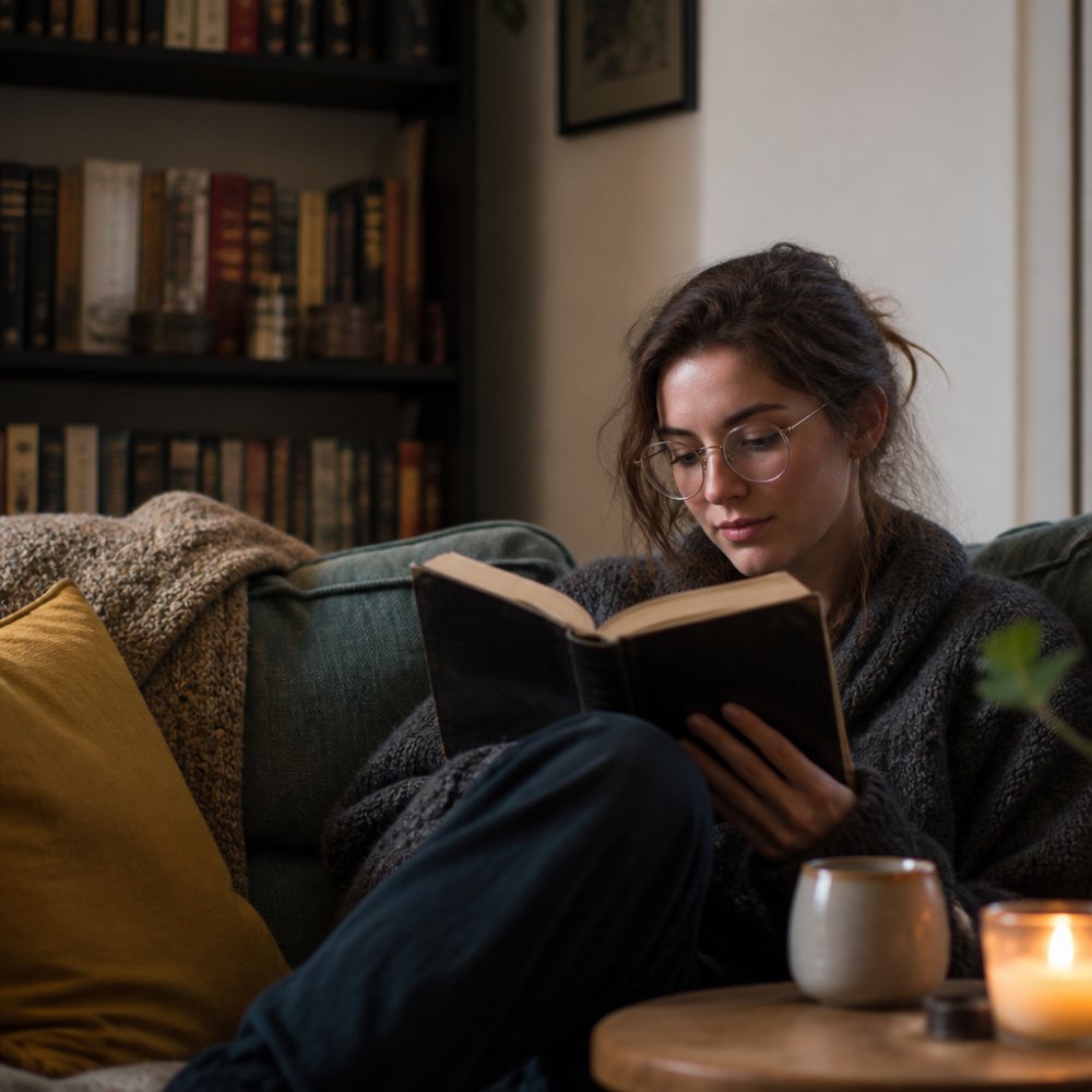 A cozy reading nook with a fantasy novel, a warm lamp, and a cup of tea by a bookshelf.