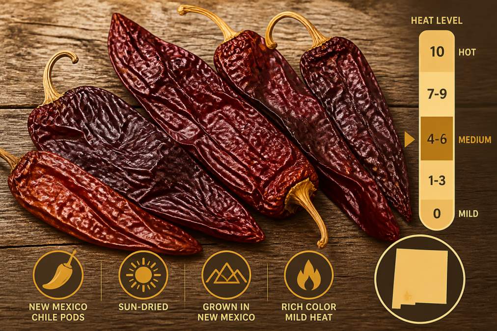 Close-up of vibrant deep burgundy and rust-colored dried New Mexico chile pods arranged on a weathered wooden surface, showing the wrinkled texture and natural color variation of authentic sun-dried chiles