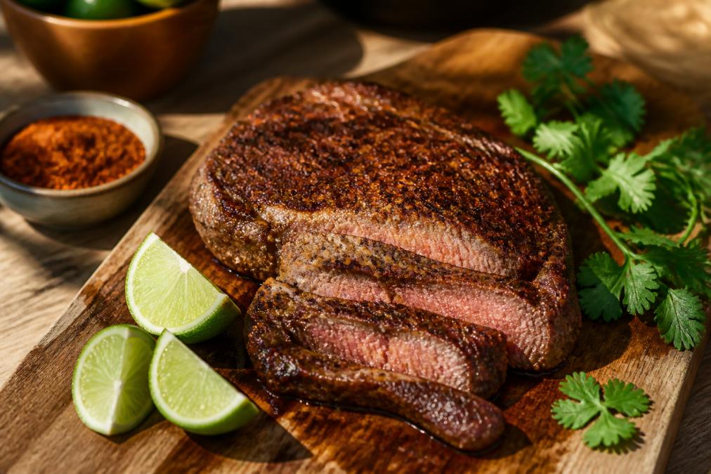 Perfectly seared steak with visible burgundy-brown dry rub crust, resting on a wooden cutting board with fresh lime wedges and sprigs of fresh cilantro, warm natural lighting from the side