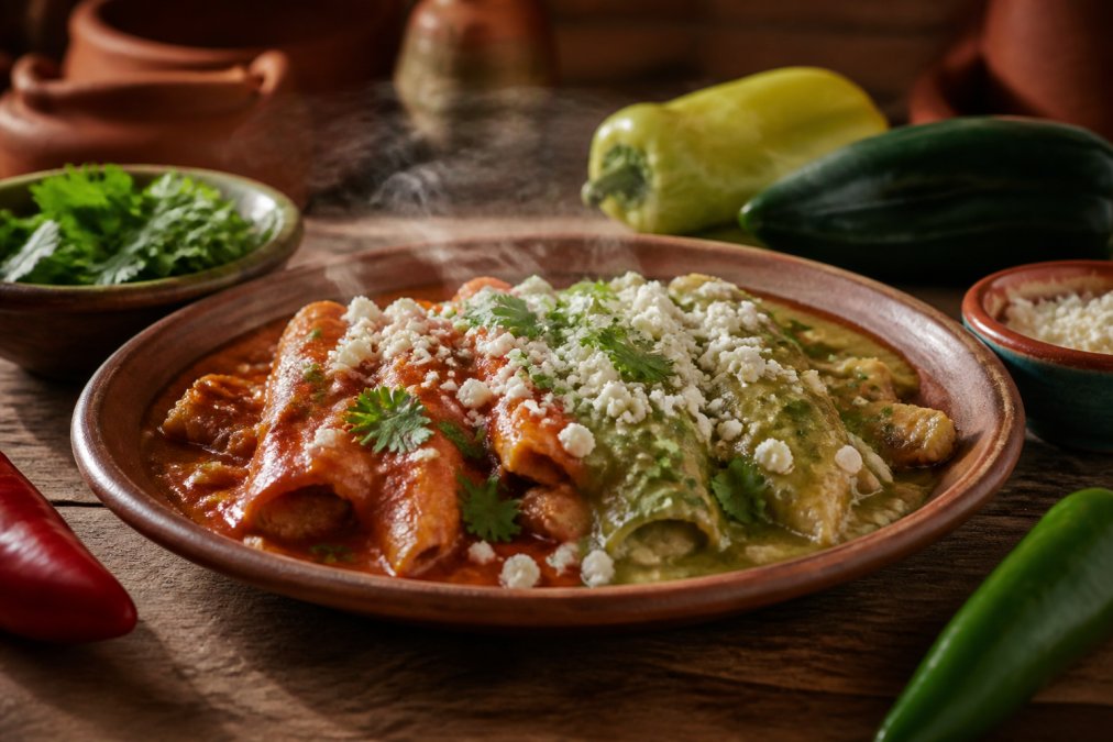 A steaming plate of authentic New Mexico food with red and green chile sauce artfully drizzled over it, garnished with fresh cilantro and queso fresco, served on rustic terra cotta pottery with natural afternoon light highlighting the vibrant colors