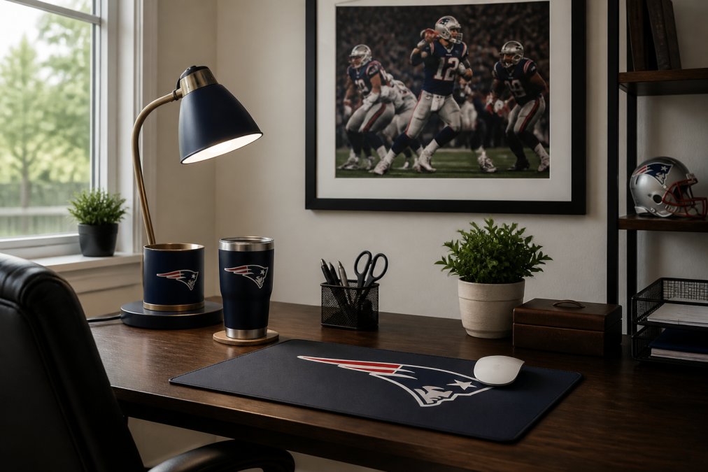 A well-organized home office desk featuring a team-colored desk lamp, a sleek mousepad, and a framed football action photo on the wall, creating a professional yet spirited workspace with natural window light