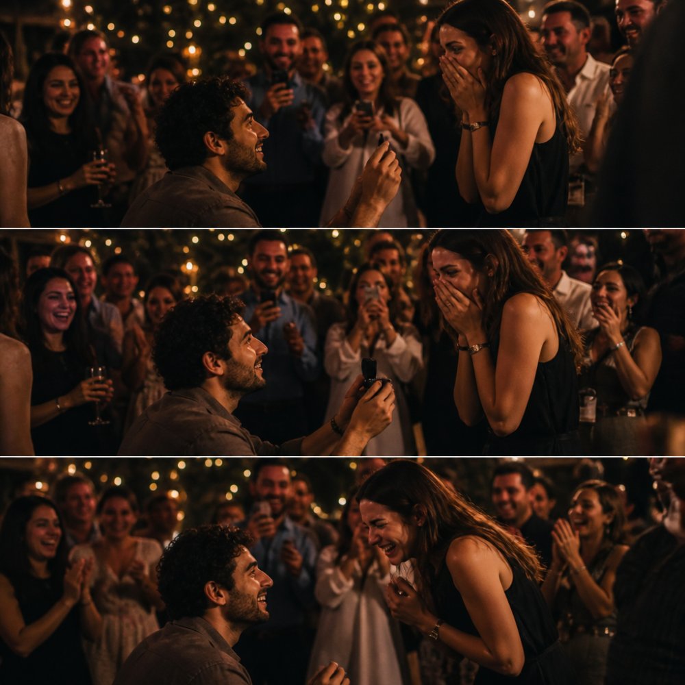 A sequence of three frames showing the progression of a candid moment at a party, anticipation, the peak moment, and the reaction, demonstrating how authentic party photos tell a story through multiple images