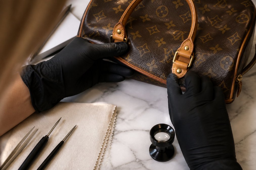 Gloved hands inspecting stitching on a preowned Louis Vuitton bag with a jeweler’s loupe on marble.